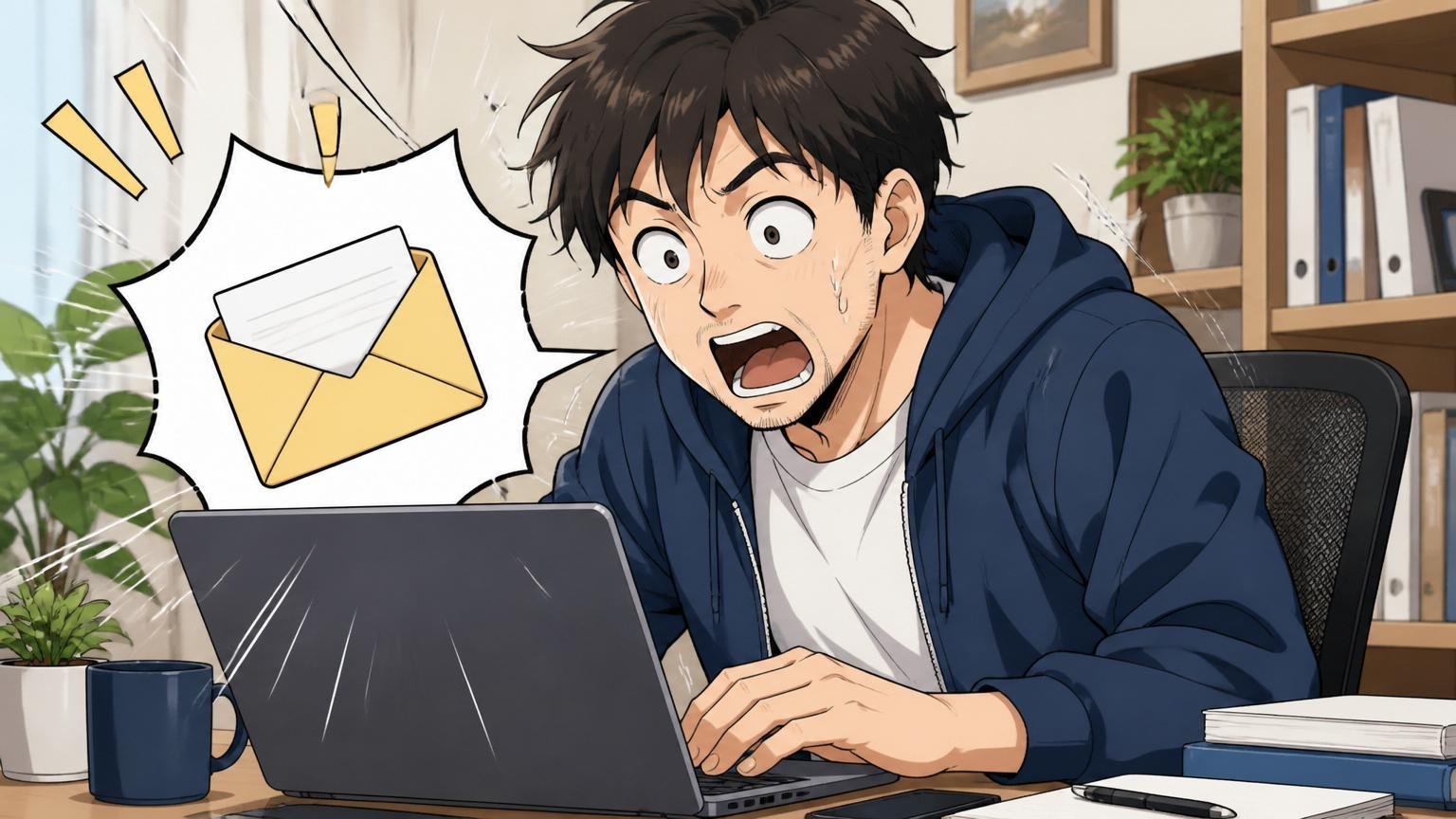 オファー金額に驚くエンジニア/自宅のデスクで在宅勤務/30代男性1人/メールを開いて目を見開く