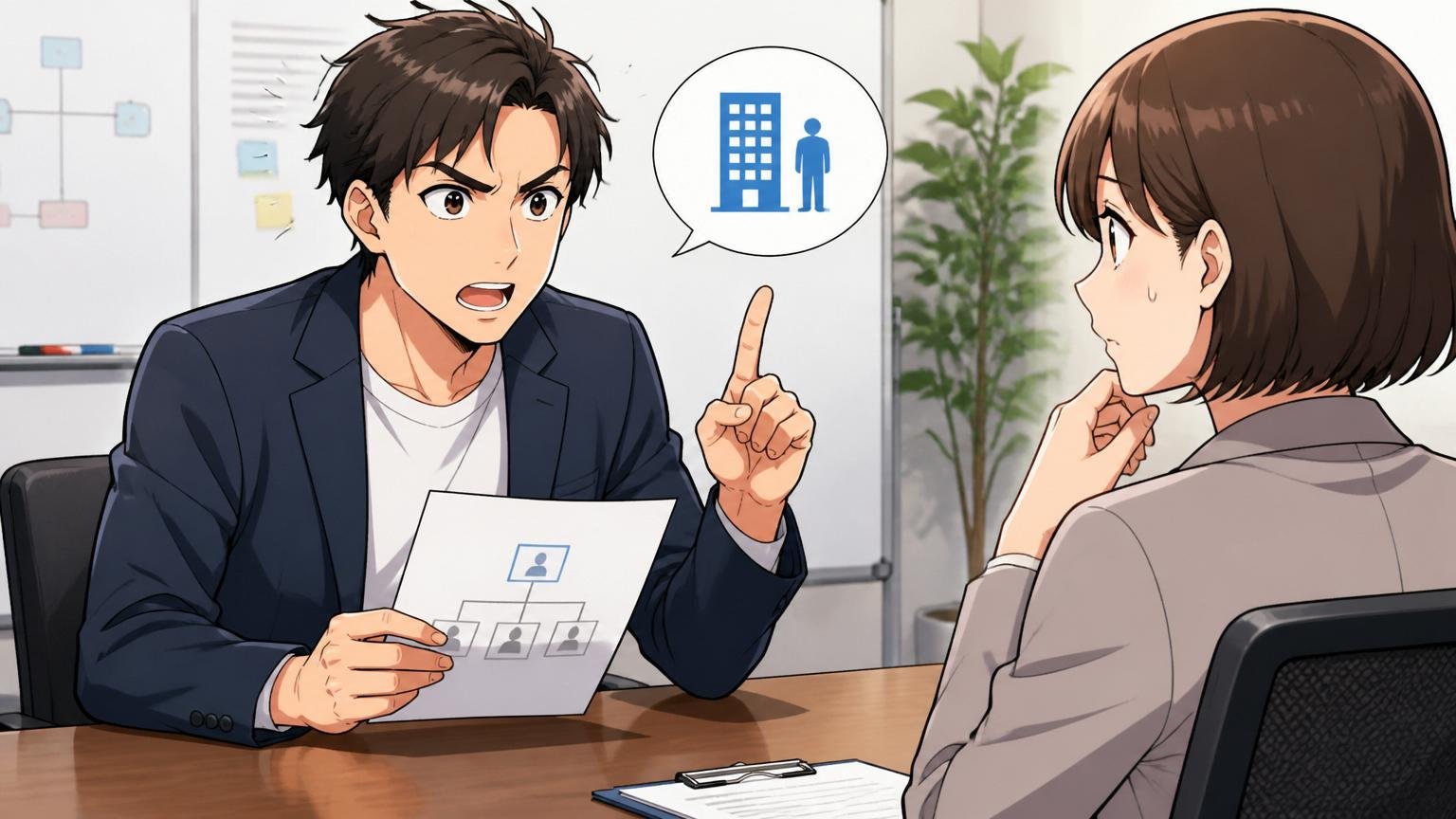 合わない人②：希望ポジション固定・配属希望が強いタイプ／企業の会議室で面接／20代後半男性エンジニア1人と人事担当1人／配属先について慎重に質問