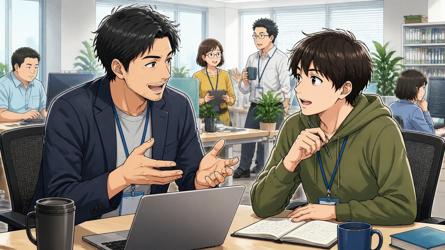 横浜のIT企業オフィスで上司と若手が対等に意見を交わす30代上司と20代部下の2人