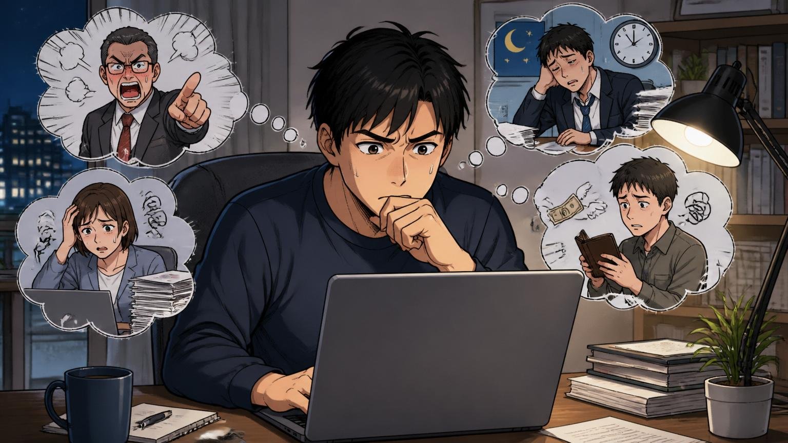 OpenWorkの「退職検討理由」17件から読み取れること。自宅のデスクで30代社員1人が深夜にPC画面を見つめる