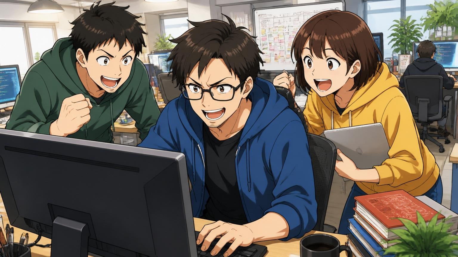 Web系スタートアップのオフィスで開発に集中する30代エンジニアと若手社員2人の活気ある様子