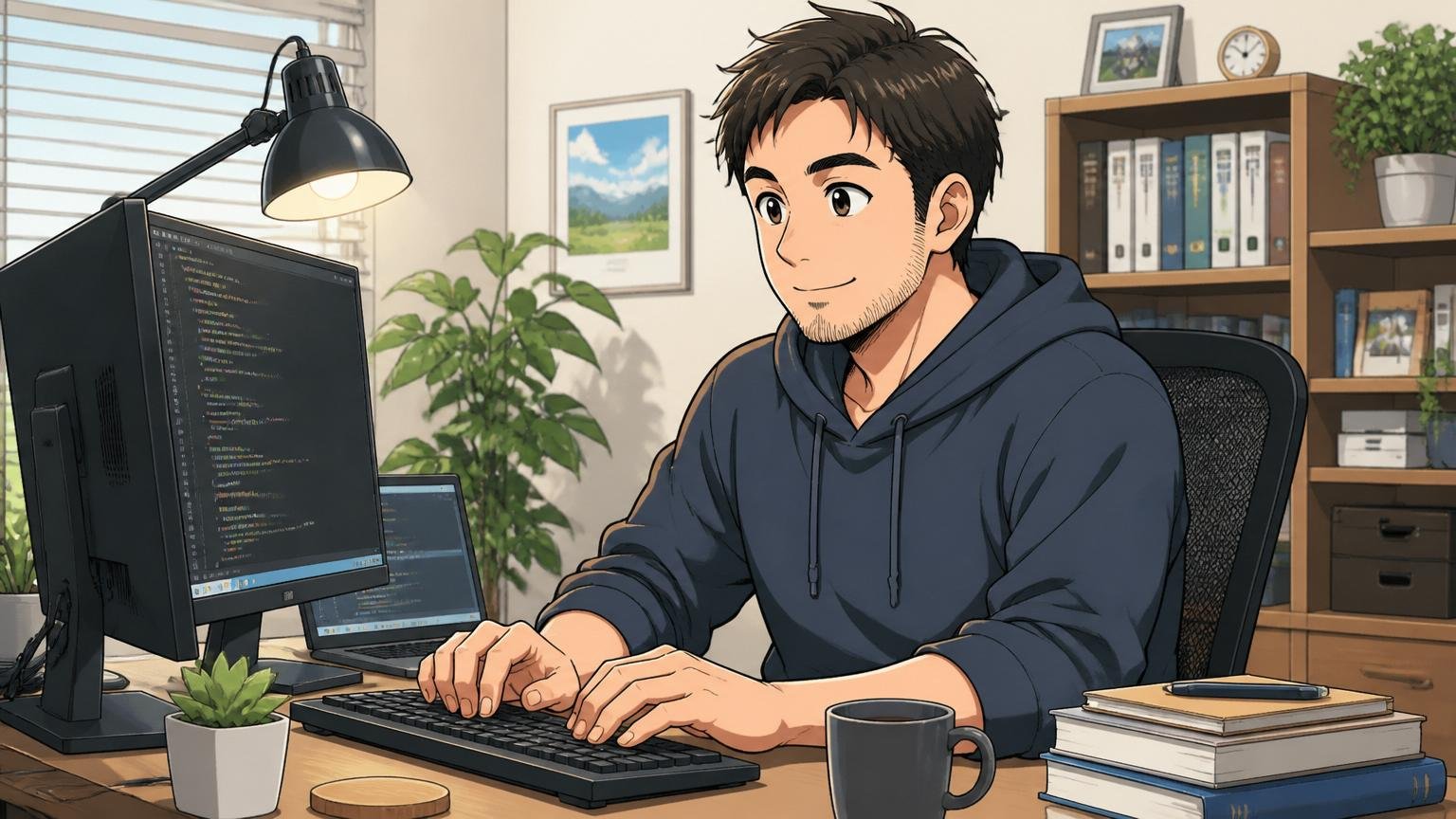 残る決断を選んだエンジニア自宅のデスクで穏やかな表情でコードを書く中堅エンジニア1人安心した様子