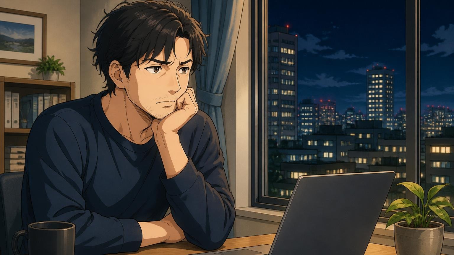 問4 あと3年で同じ後悔をしていそうか 自宅の窓辺で夜景を見ながら考え込む30代男性エンジニア