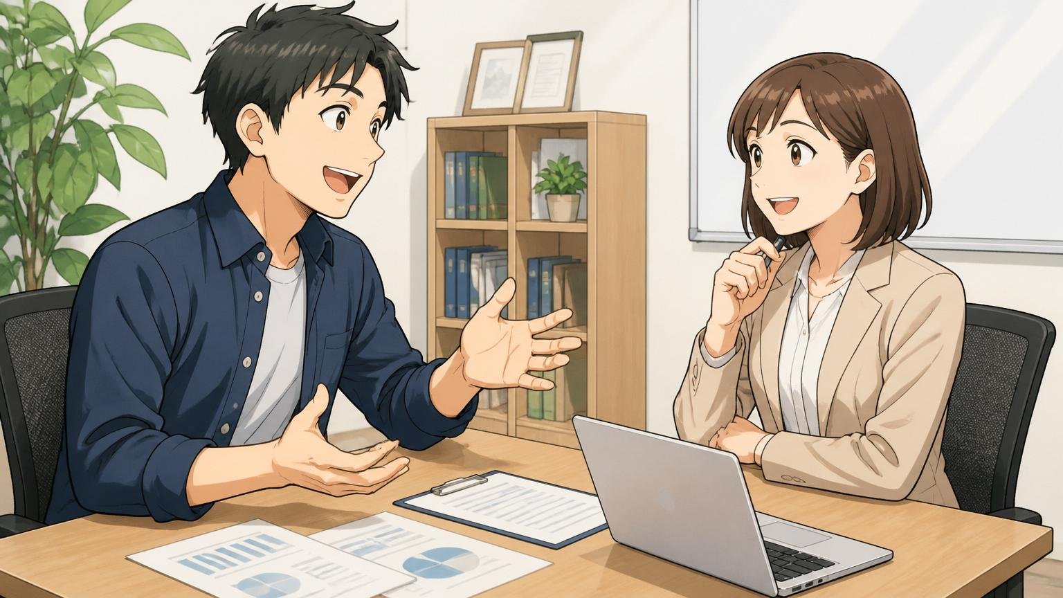 市場価値を無料で確かめるITエンジニア経験者向けの相談先。面談ルームで男女2人が笑顔で相談を進める