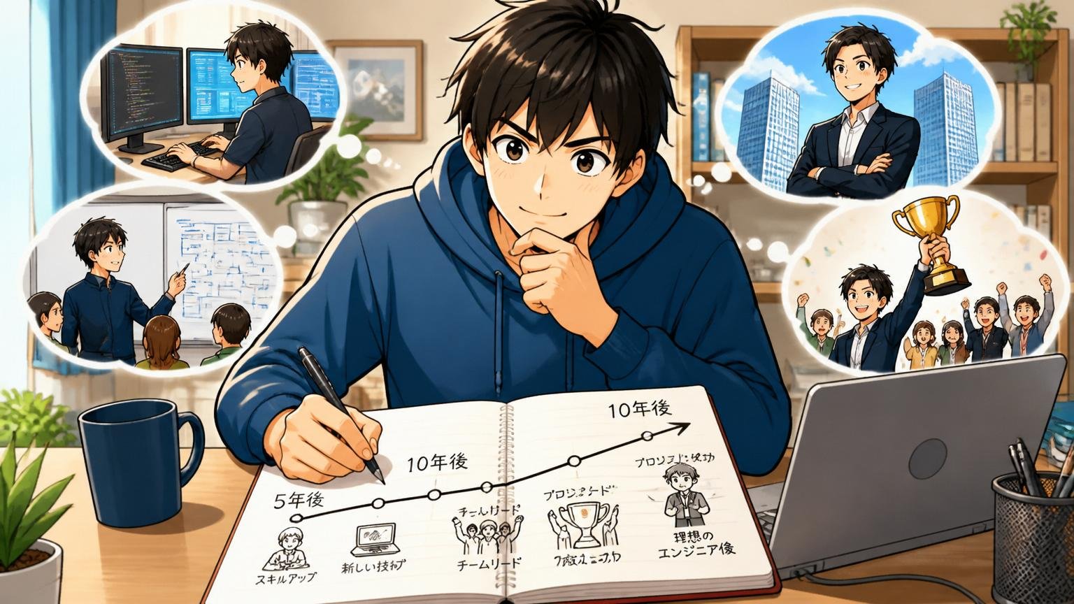 5年後・10年後のキャリアを描く場面、自宅のデスクで在宅勤務、エンジニア1人がキャリアプランをノートに書く