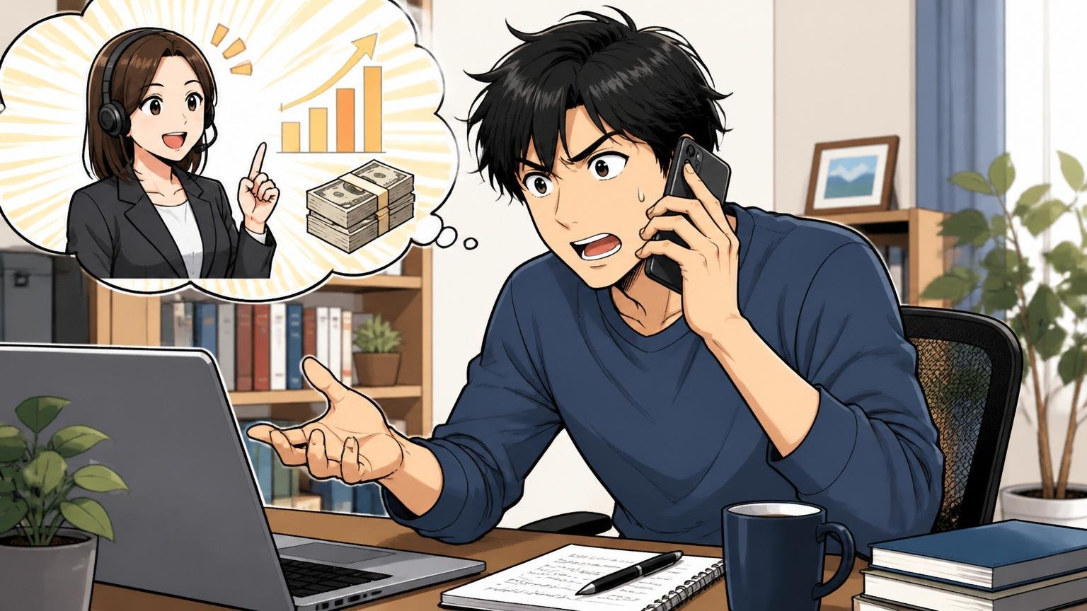 自宅のデスクでエージェントと電話して内定オファーの年収交渉について相談する30代エンジニア1人