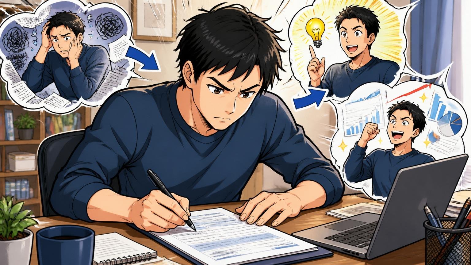 職務経歴書は「業務内容の羅列」ではなく「課題→打ち手→成果」のストーリーで書く。自宅のデスクで30代男性が職務経歴書を真剣に書き直す姿