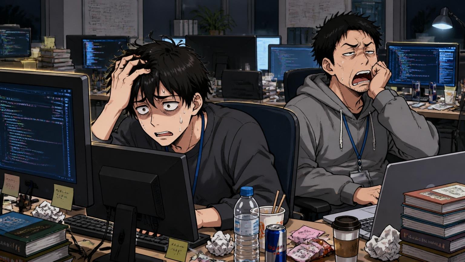Web系スタートアップの夜遅いオフィスで複数モニターを前に疲弊した表情のエンジニア2人、深夜残業