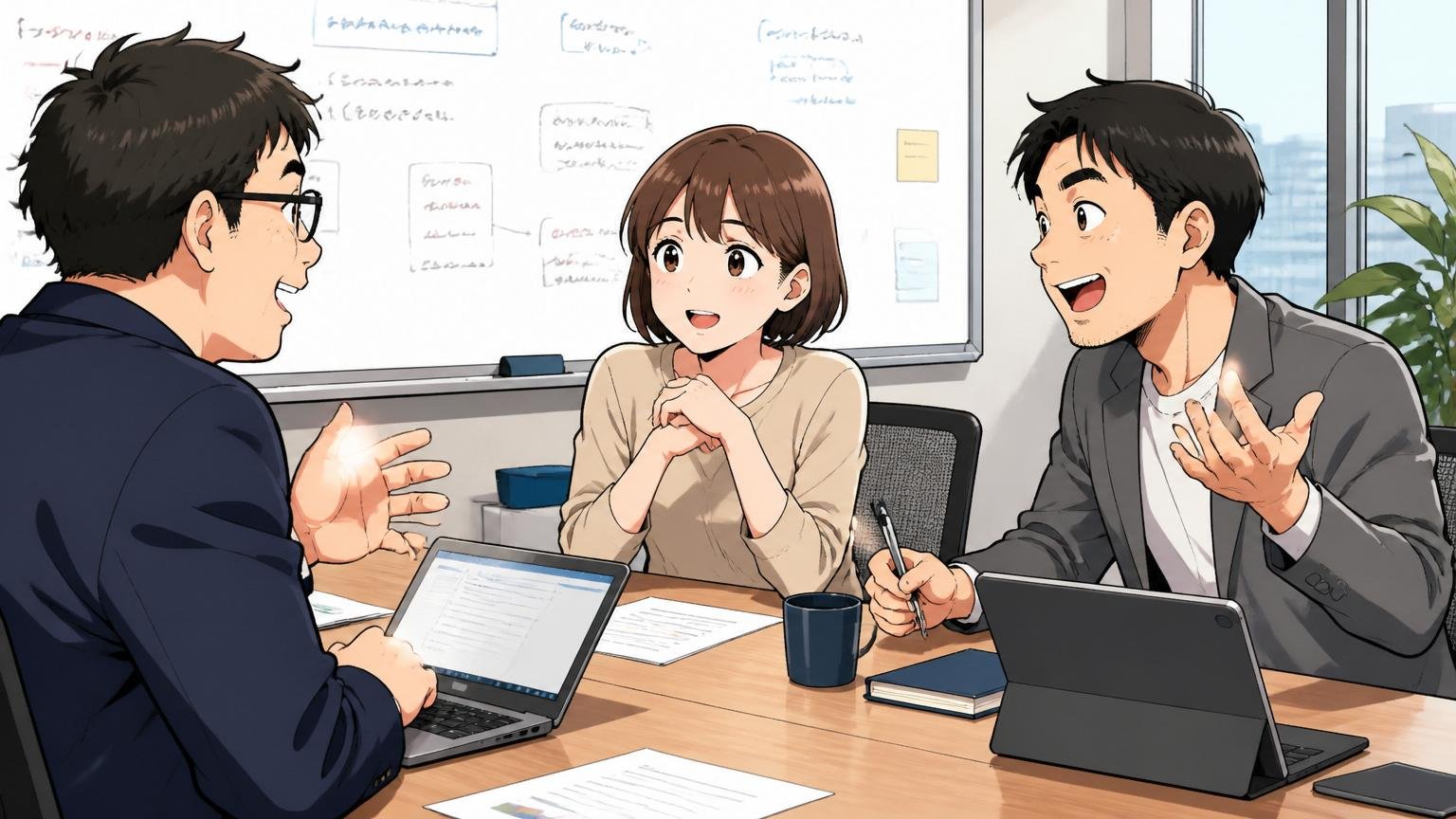 企業の会議室でリラックスした表情で転職エージェント2人とカジュアル面談する30代女性エンジニア1人