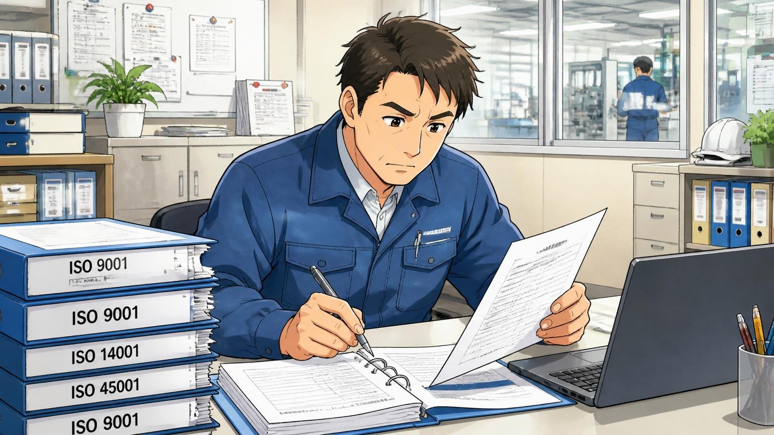 製造業のオフィスでISO書類とPCを並べて作業する40代エンジニア1人、落ち着いた穏やかなシーン