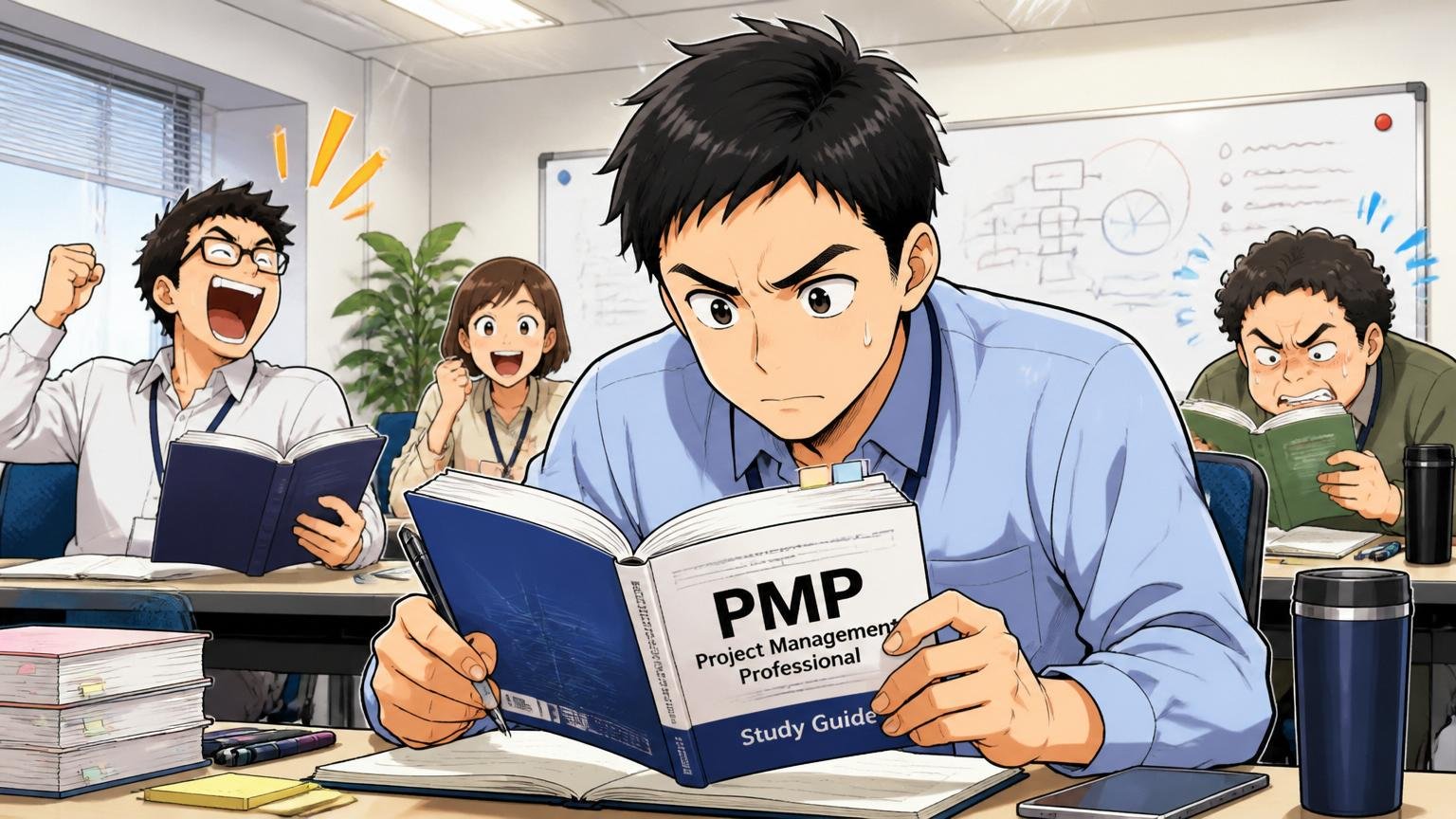 日立システムズの研修室で資格テキストを開きながら勉強する30代社員、PMP受験準備の場面