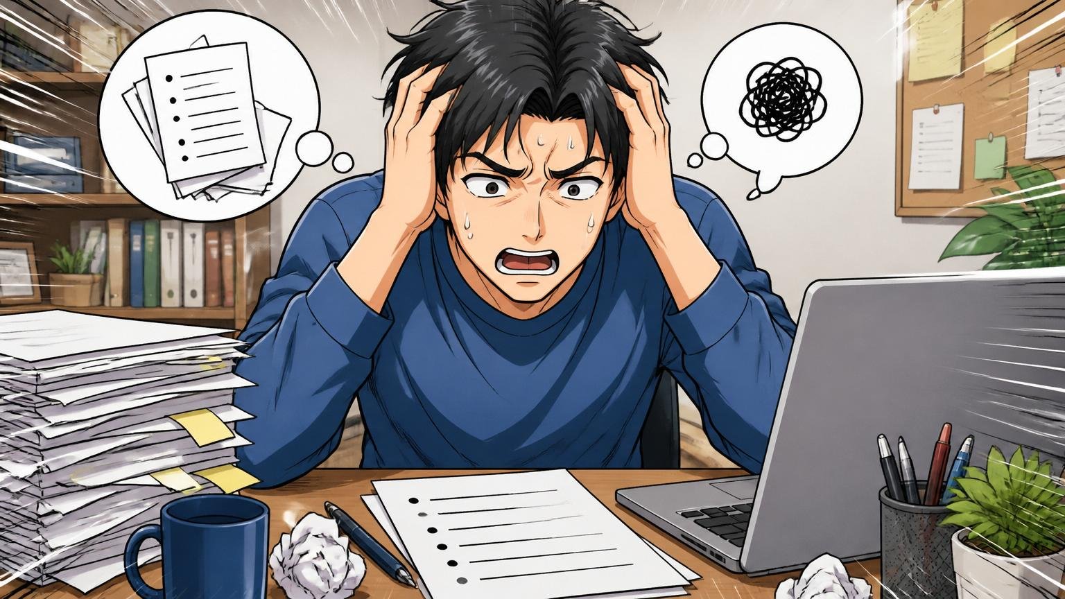 職務経歴書を業務内容の羅列で書いてしまう失敗。自宅のデスクで職務経歴書を書き直す30代男性1人、頭を抱える姿
