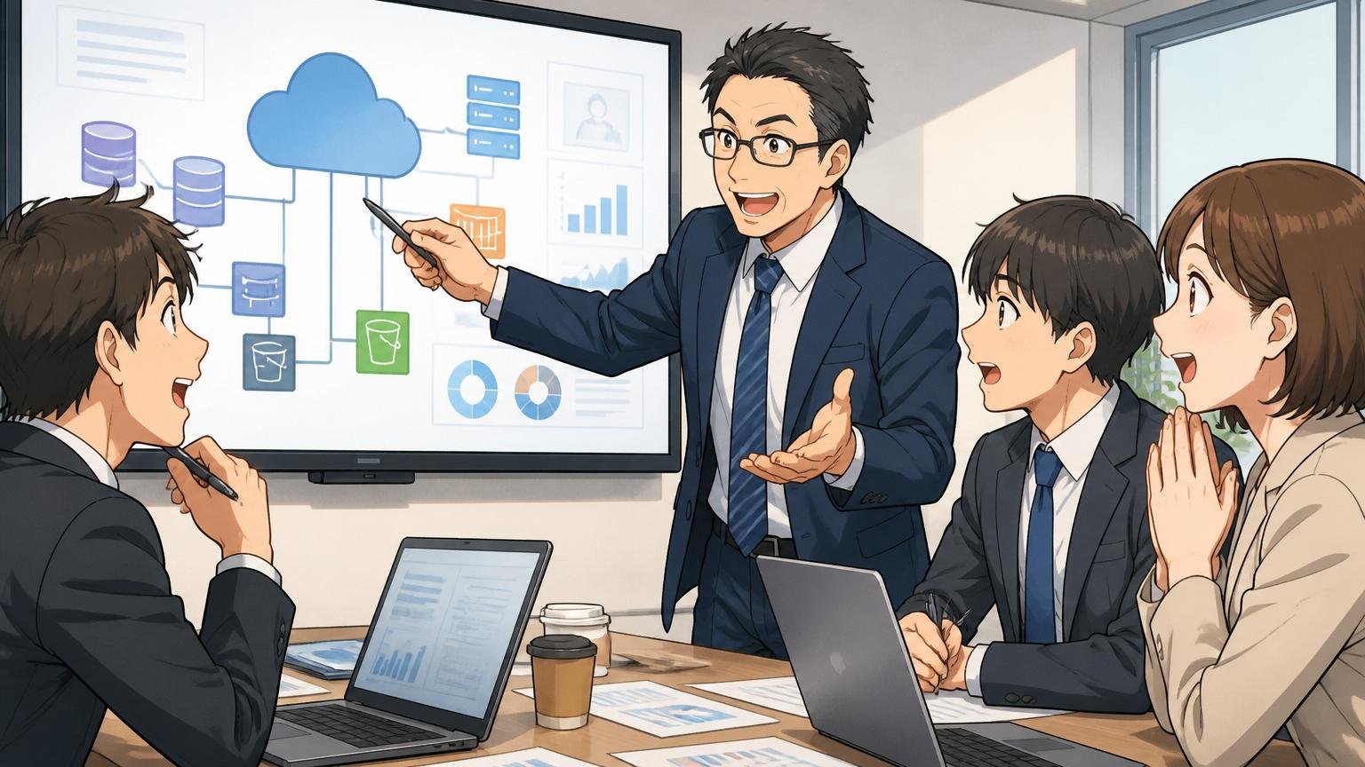 軸④長期方向性 — クラウドコンサル／SI寄りキャリアを描けるか/企業の会議室で40代男性コンサルタントがクライアントに提案、若手2名同席