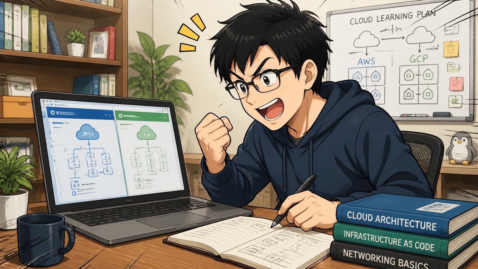 自宅のデスクでAWSやGCPの学習画面を映したノートPCで勉強する30代エンジニア