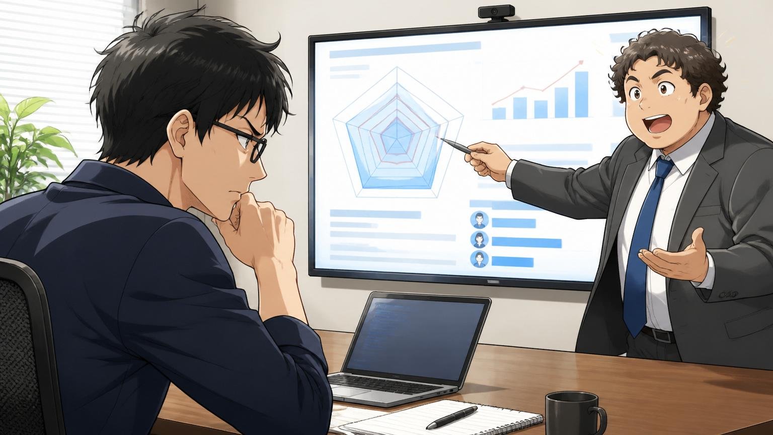 企業の会議室で30代エンジニアが転職エージェントから市場価値の説明を真剣に聞いている