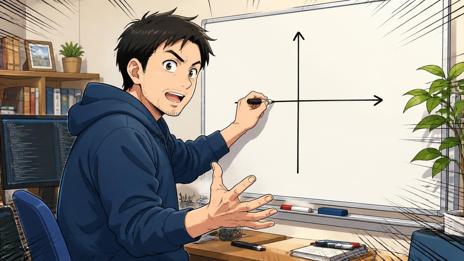 自宅のデスクで30代エンジニアがホワイトボードに2軸マトリクスを描く場面