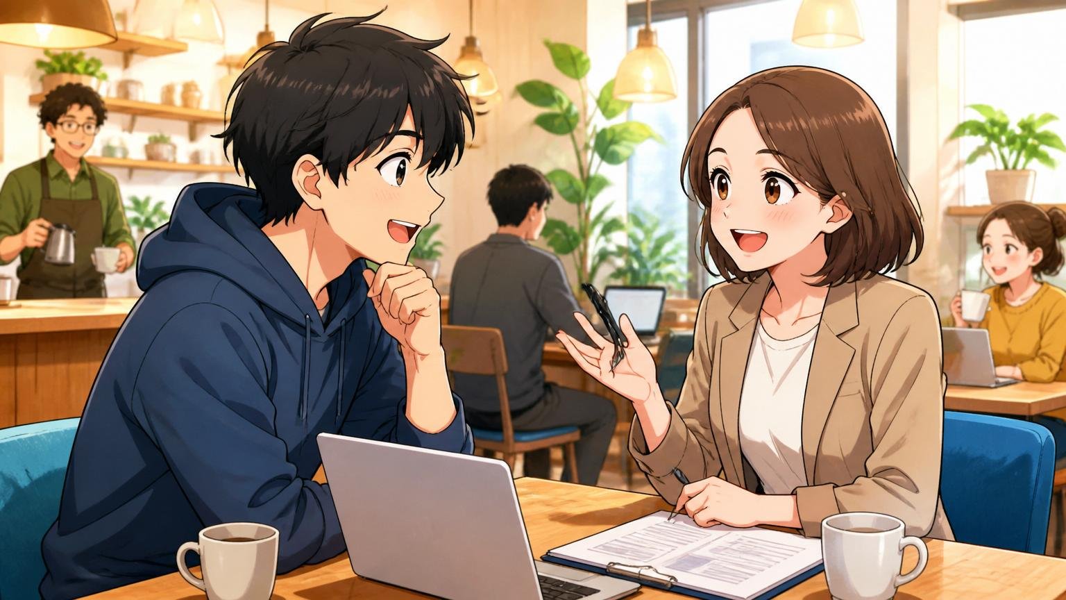 Web系企業の明るいカフェ風スペースで温かい雰囲気のキャリア相談をするエンジニアと女性エージェント