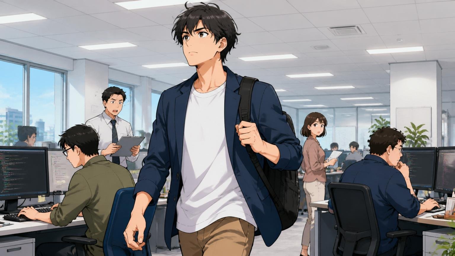 SES・受託からキャリアの足場を作り直す。SES客先常駐のフロアで20代男性1人。前を見据えて歩く