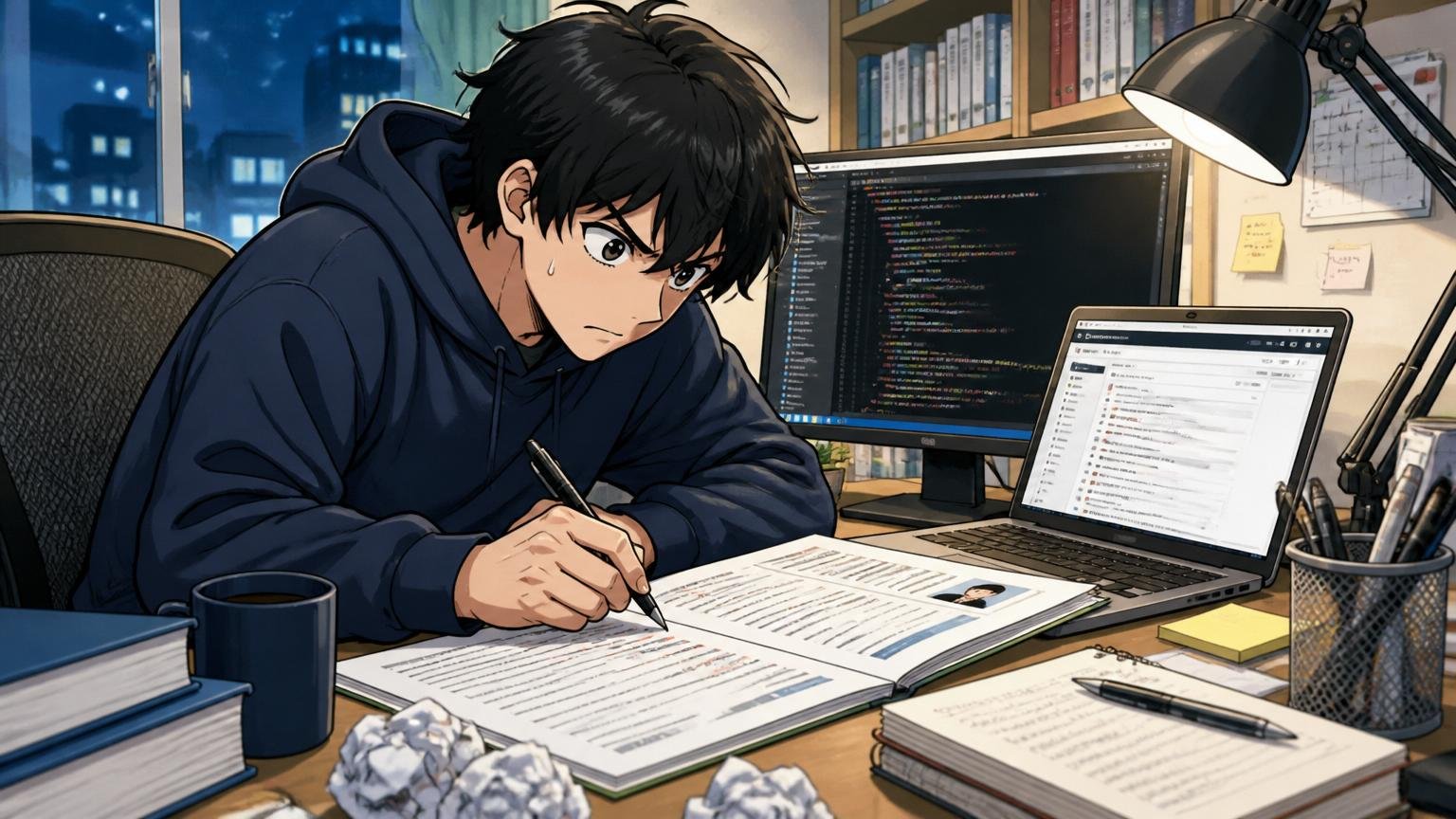 自宅のデスクで在宅勤務のITエンジニア1人が職務経歴書とGitHubを開き深夜に黙々と書き直す
