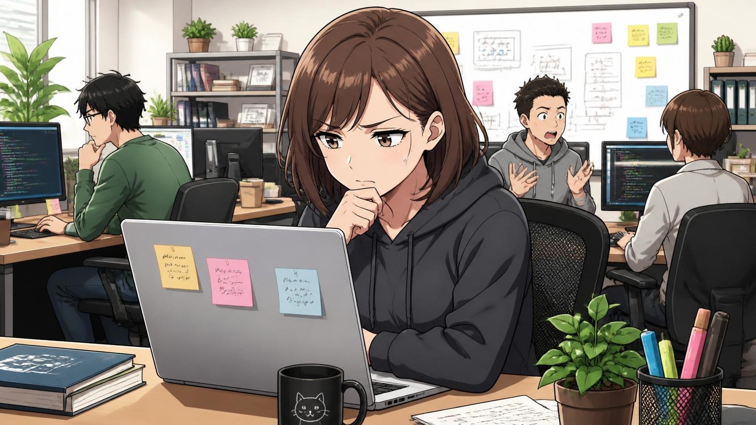 在職中の社員が「やばい」と感じ始めたときの判断基準。Web系スタートアップのオフィスで30代女性エンジニア1人が、自席で深く考え込む表情