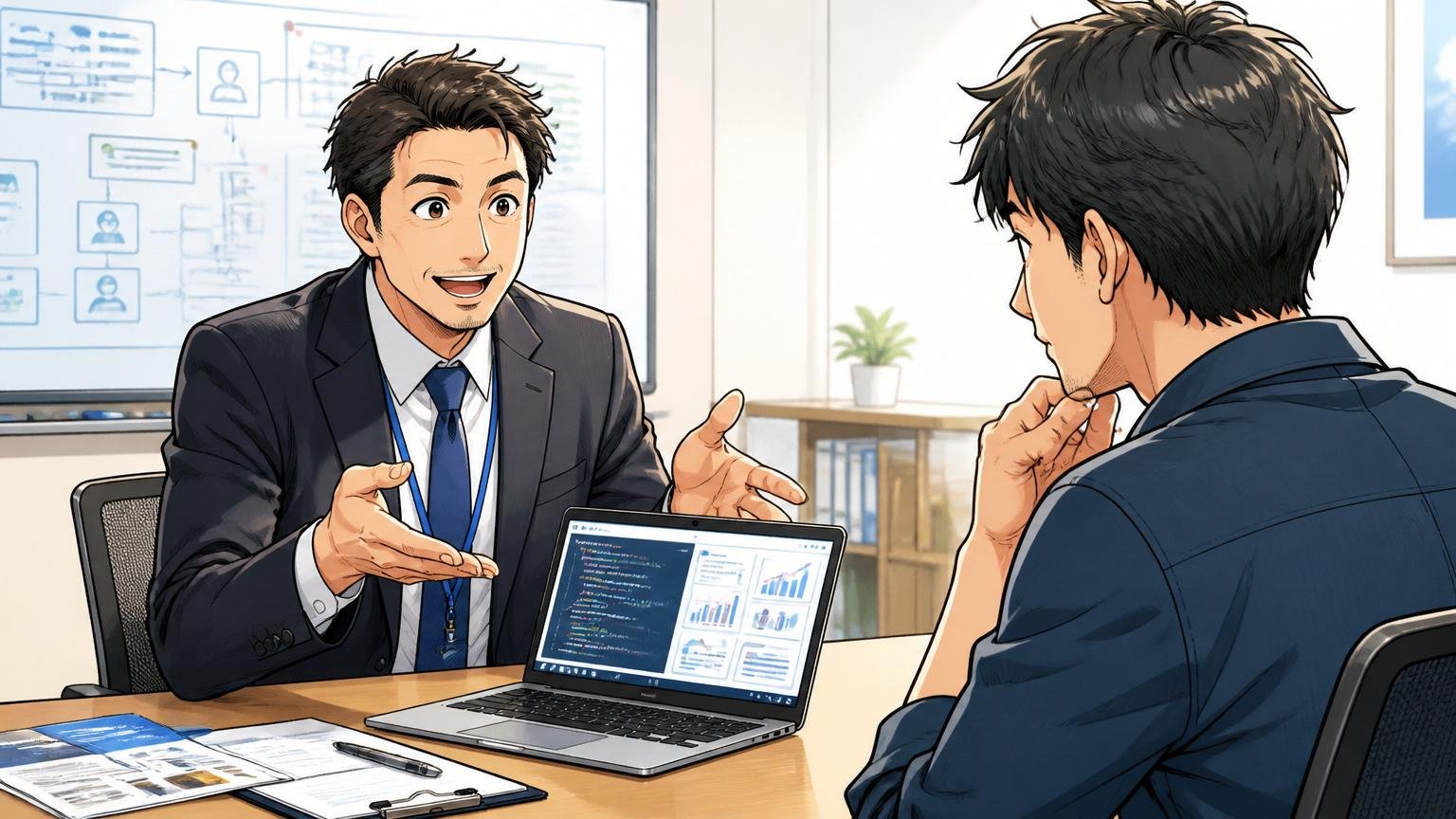 企業の会議室でIT特化型エージェントのキャリアアドバイザーと向き合って相談する30代男性エンジニア1名