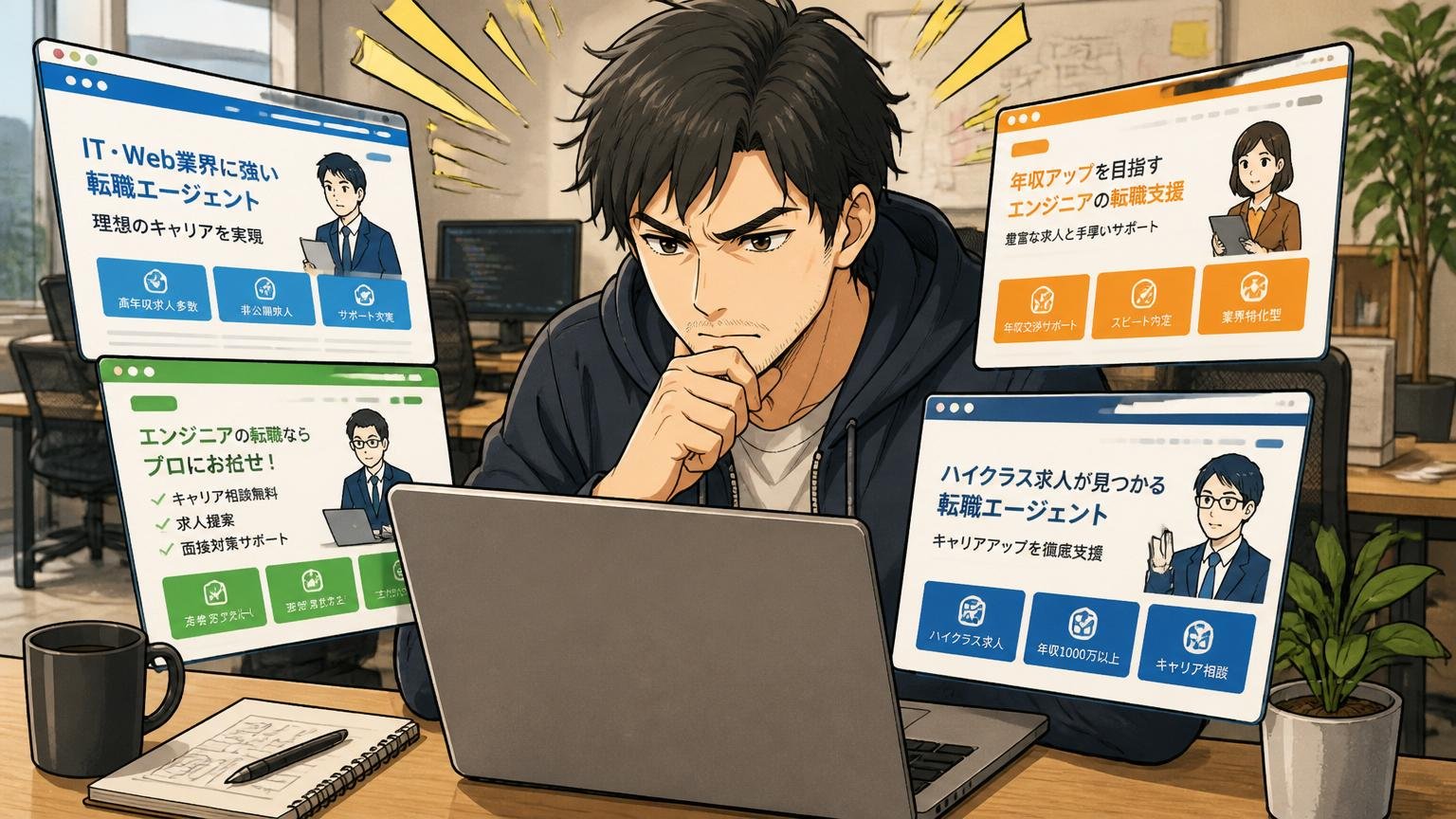 年収アップを実現するならエージェント選びを間違えてはいけない。Web系スタートアップのオフィスで30代男性エンジニア1人がノートPCで複数のエージェントサイトを比較している