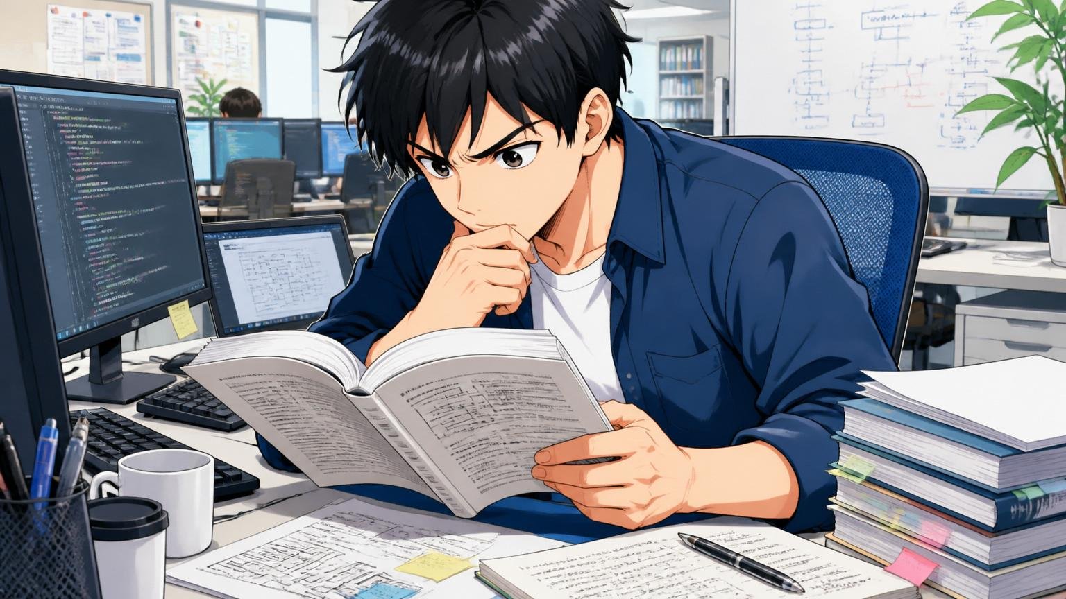 問い⑤自走できますか SIerの開発席で自分でドキュメントを読み込み試行錯誤するエンジニア1人、集中した表情