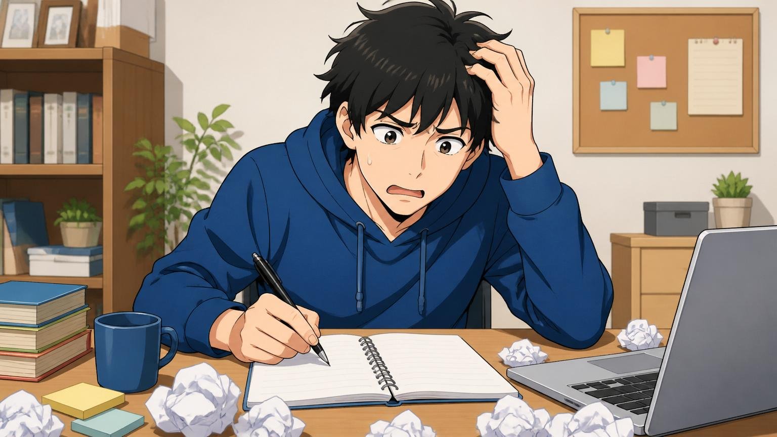 技術スタックの棚卸しをしない。自宅のデスクで男性エンジニアが自分のスキルを書き出して悩む