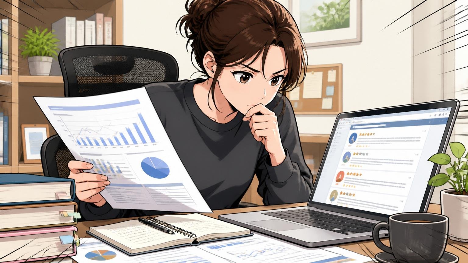 公開情報を一次資料で確認する。自宅のデスクで30代女性エンジニア1人がIR資料と口コミサイトを並べて読み込む真剣な表情