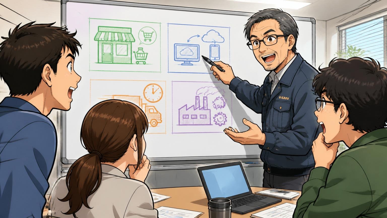 企業の会議室でホワイトボードに4つの業態を書き分けて説明するベテランエンジニア1人と聞き入る若手3人