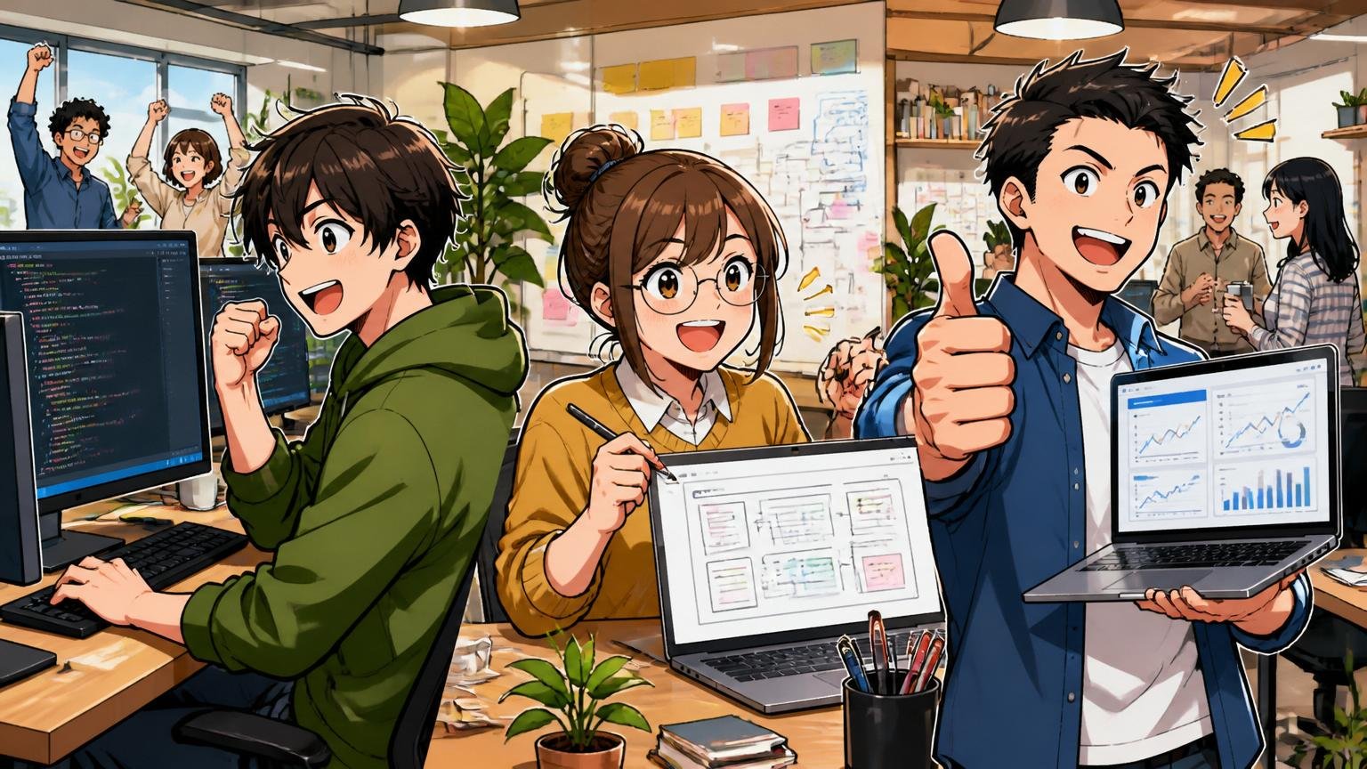 コムチュアに向いている人の3タイプ。場所=Web系スタートアップのオフィス。登場人物=3人のエンジニア。動作=それぞれ違う得意分野で活躍する笑顔