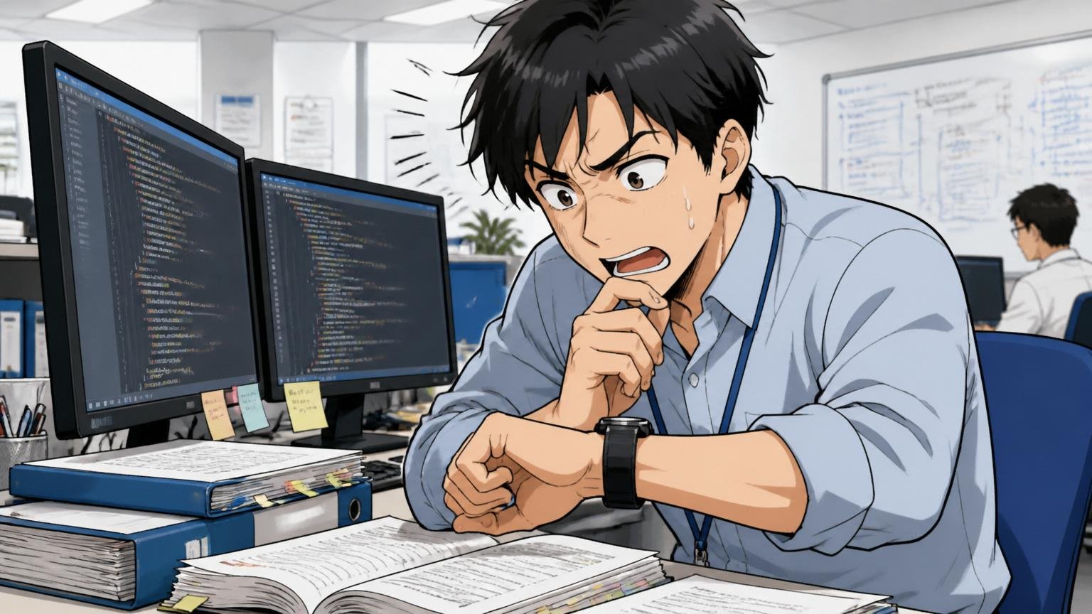 SIerの開発現場で古いソースコードを眺めながら時計を見て焦りの表情を浮かべる30代エンジニア