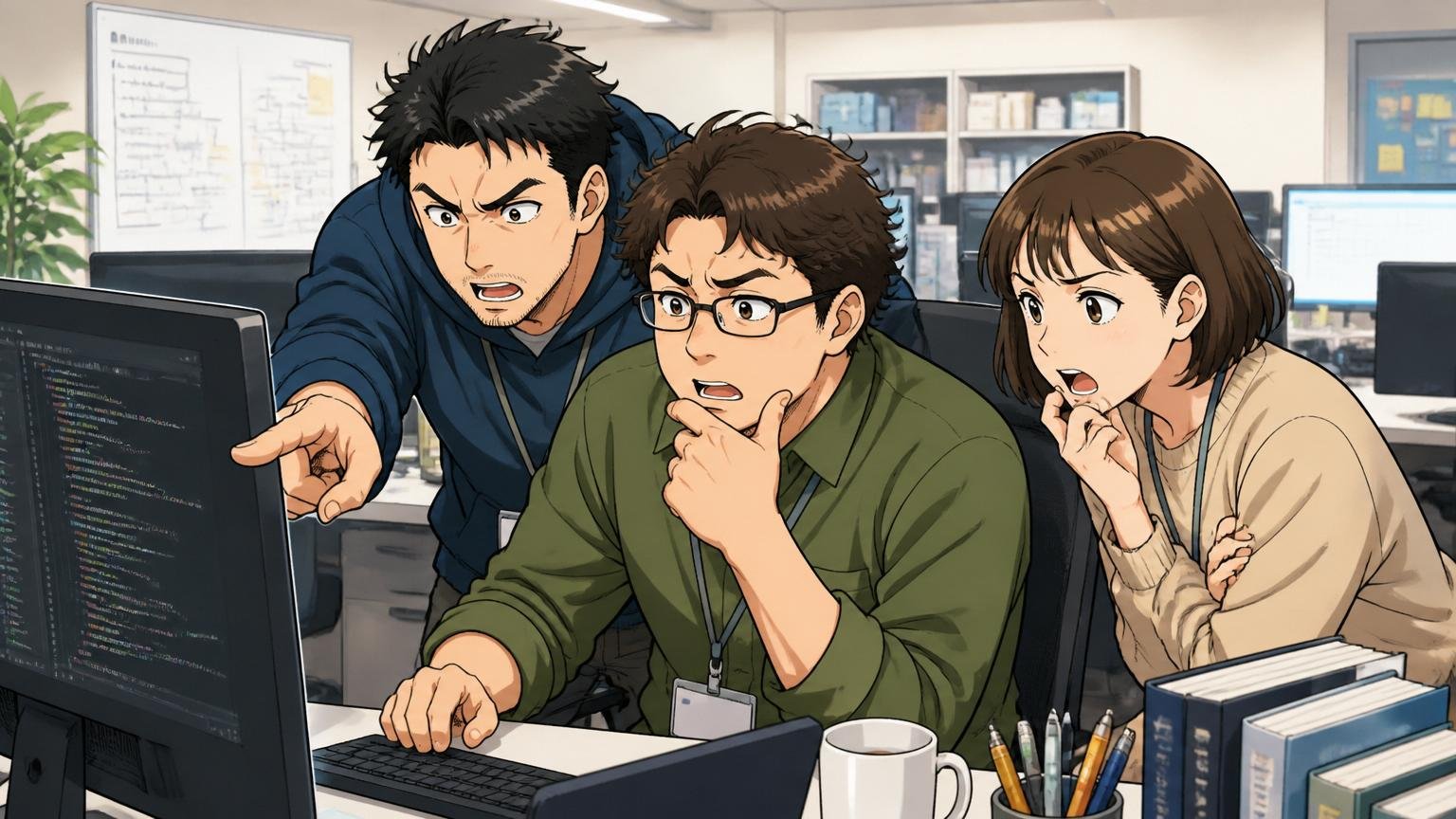 企業の開発オフィスで3人のエンジニアがディスプレイのコードレビューを集中して見ながら議論する