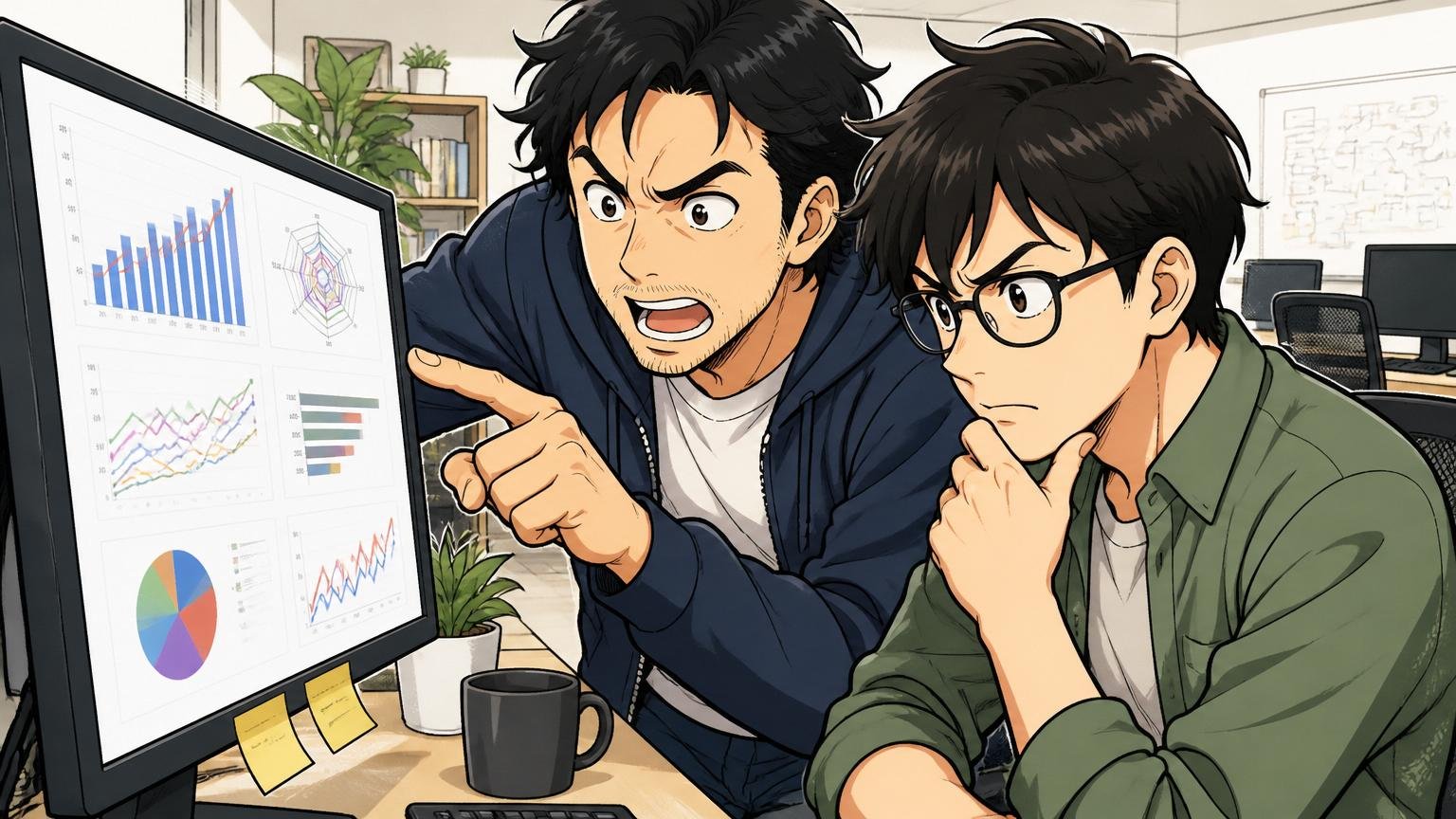 Web系スタートアップのオフィスで2人のエンジニアがスキルと市況のグラフを真剣に分析する場面