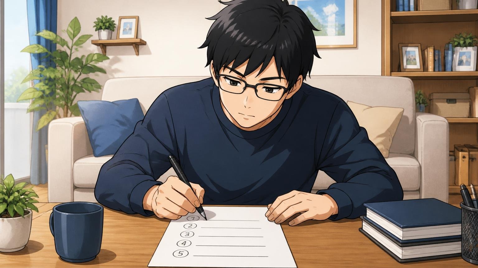 自宅のリビングで紙とペンで優先順位を書き出している落ち着いた表情のエンジニア1人