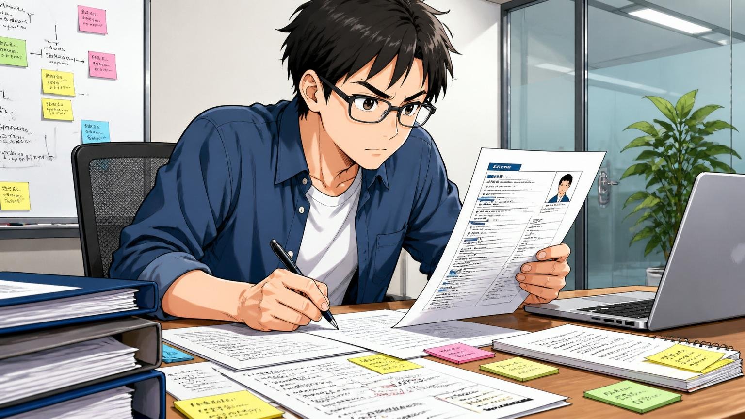 職務経歴書を整えて自分の経験を棚卸しする。企業の会議室で職務経歴書を書く30代エンジニア1人が集中した表情