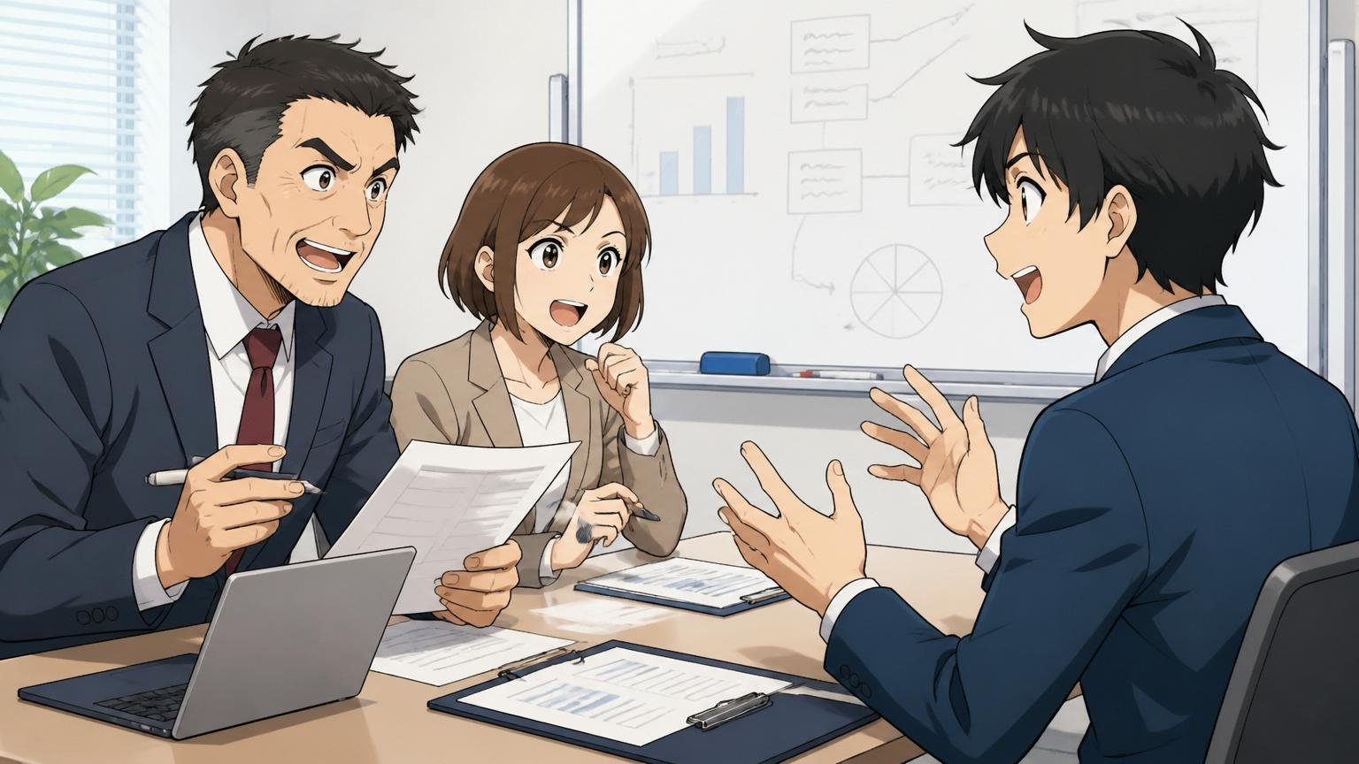 企業の会議室で面接、求職者1人と面接官2人が技術について質問しあう、活発な表情