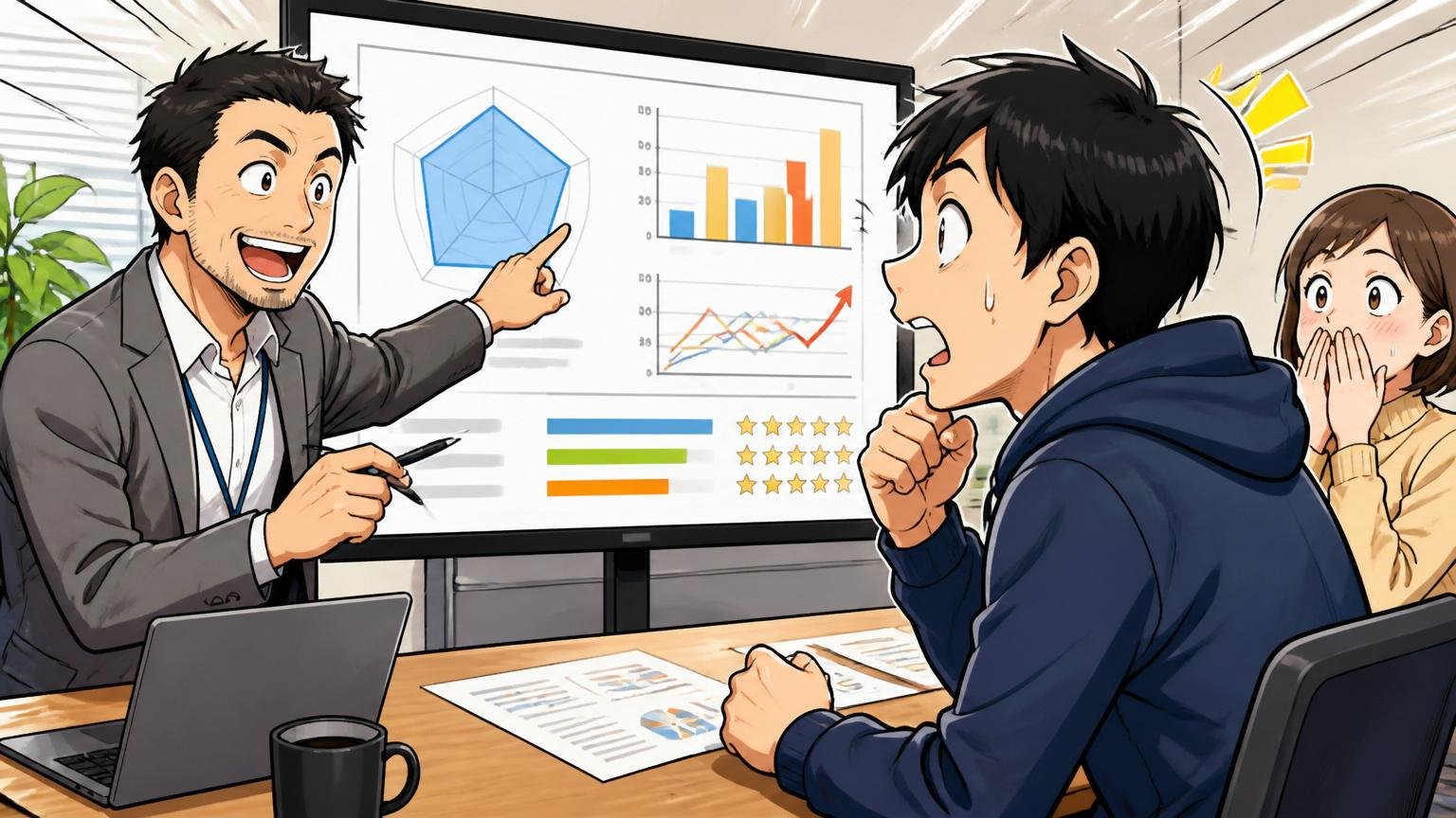 企業の会議室で第三者のキャリアアドバイザーから市場価値の客観評価を受けるエンジニア