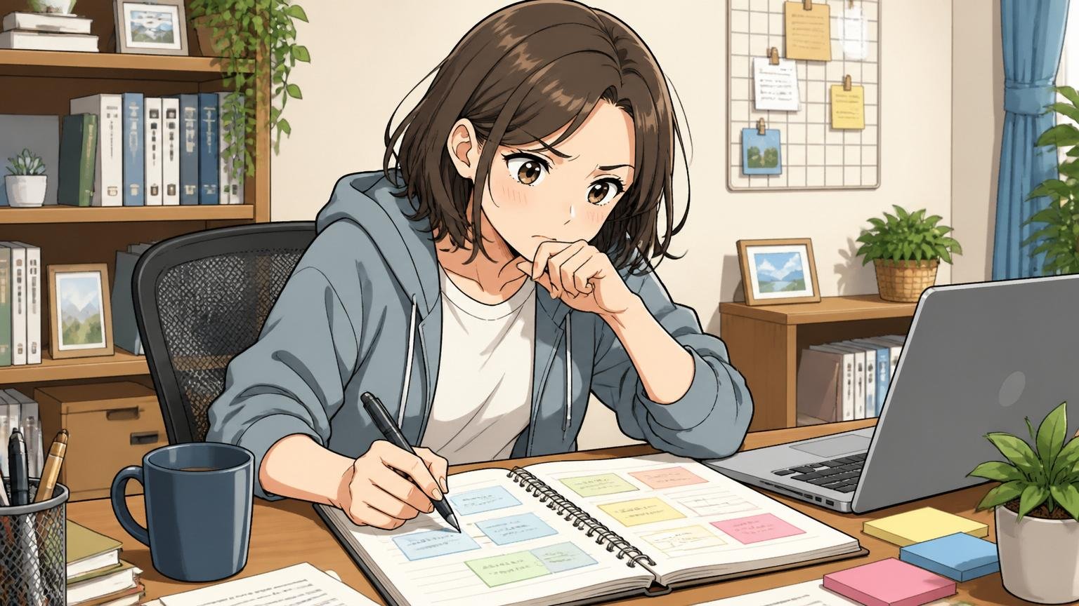 辞める辞めないの2択じゃなくていい｜自宅のデスクでノートに選択肢を書き出す30代女性エンジニア1人