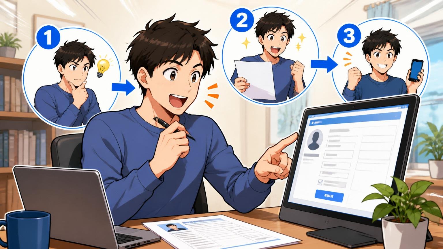 市場価値を測る3ステップ、自宅のデスクで在宅勤務中の30代男性、職務経歴書とエージェント登録画面を並べて作業