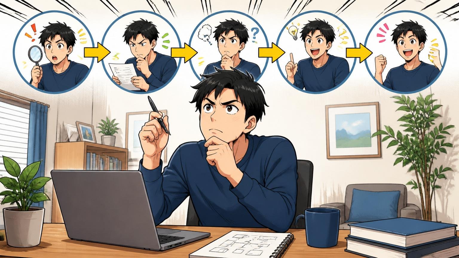 ステップ1〜5の判断フロー 自宅のデスクで在宅勤務 30代男性1人がノートPCで判断手順を整理