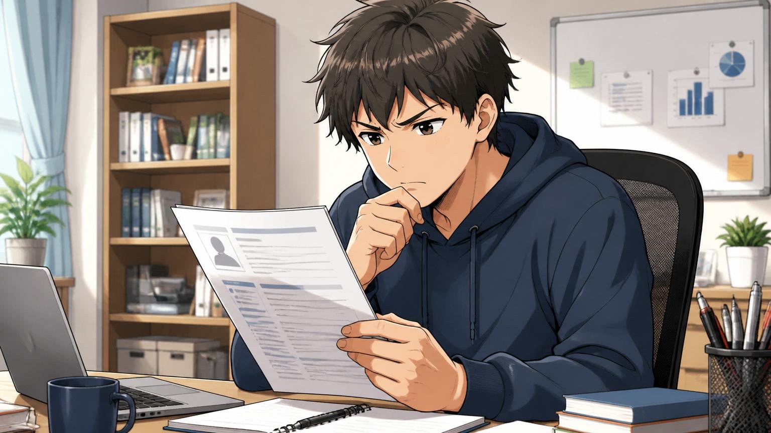 市場価値を確認するエンジニア。自宅のデスクで男性1人、職務経歴書を見直しながら考え込む真剣な表情