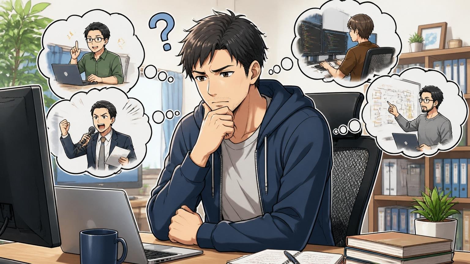 自分の市場価値が見えずに迷うエンジニア/自宅のデスクで在宅勤務/30代男性1人/手を顎に当てて考え込む