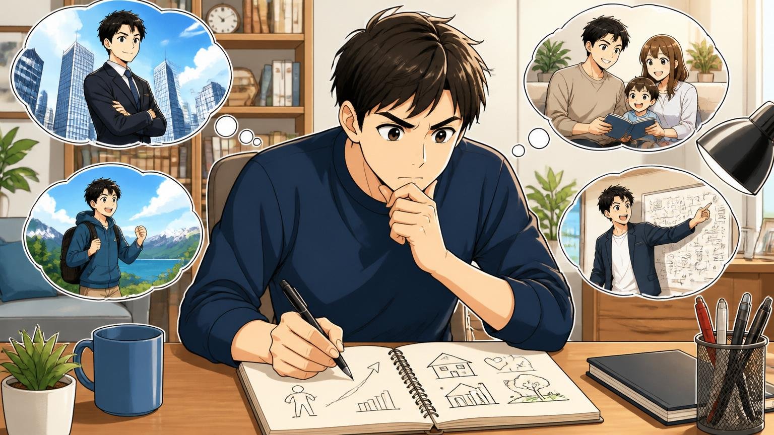 ステップ①自分のキャリア軸を安定vs成長で言語化する／自宅のデスク／30代男性1人／ノートに5年後の理想像を書き出している