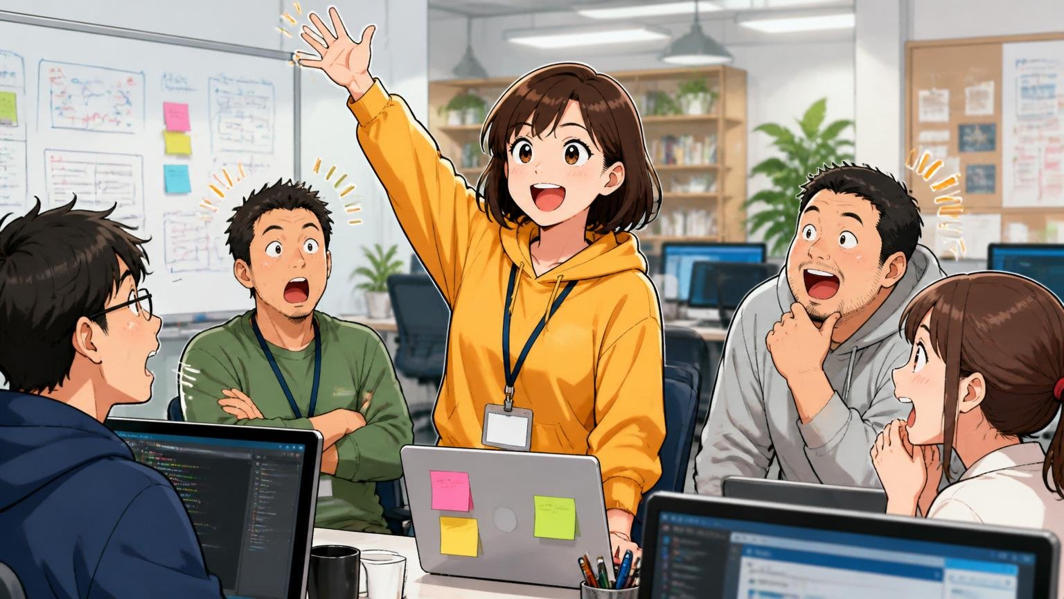 Web系自社開発企業のオフィスで自分から手を挙げて新規プロジェクトを提案する20代後半女性エンジニア