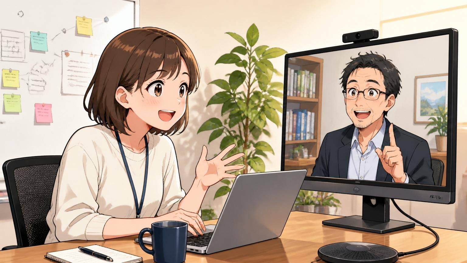 Web系企業の会議室で30代女性エンジニアと40代男性アドバイザーがオンライン面談をしている柔らかい雰囲気のシーン