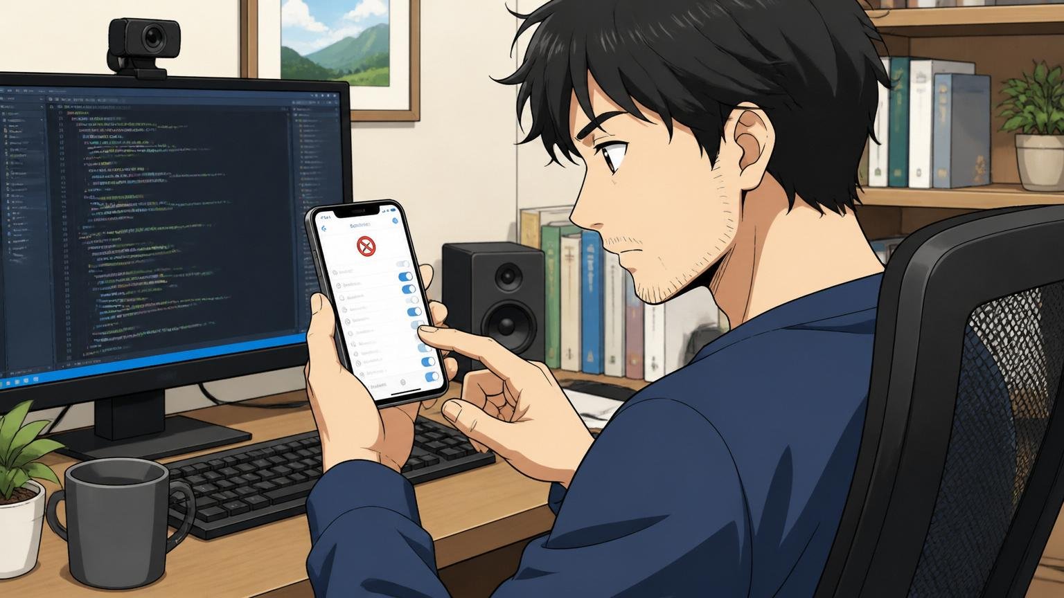 自宅のデスクで30代エンジニアがスマホの着信拒否設定画面を見ながら冷静に操作している