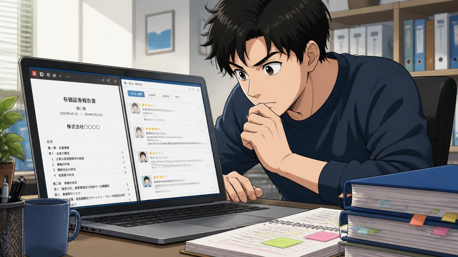 ステップ1〜2：公式IR・有報と口コミサイトで事実を集める。自宅のデスクで男性エンジニア1名がノートPCで有価証券報告書PDFを画面分割で読み込み集中している様子