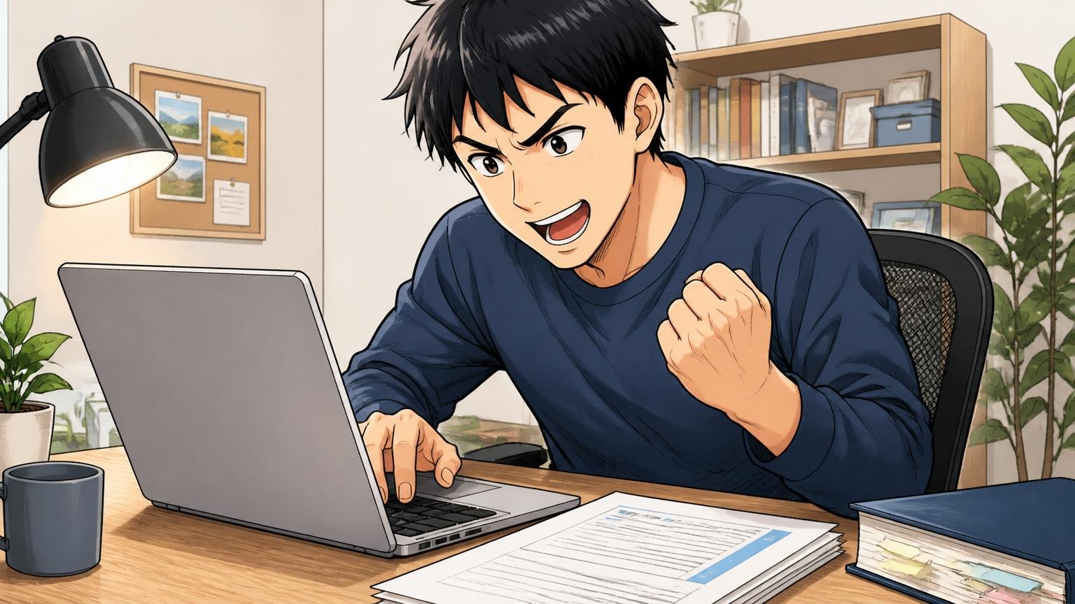 自分の職務経歴書を一度書いてみる／自宅のデスクで職務経歴書をWordで書き始める30代男性エンジニア1人