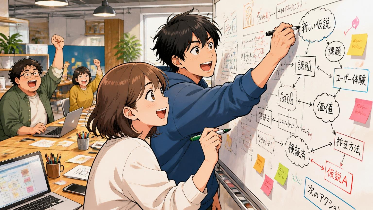 Web系スタートアップのオフィスで朝から夜まで生き生きと働きホワイトボードに新しい仮説を書き続ける20代男女2人
